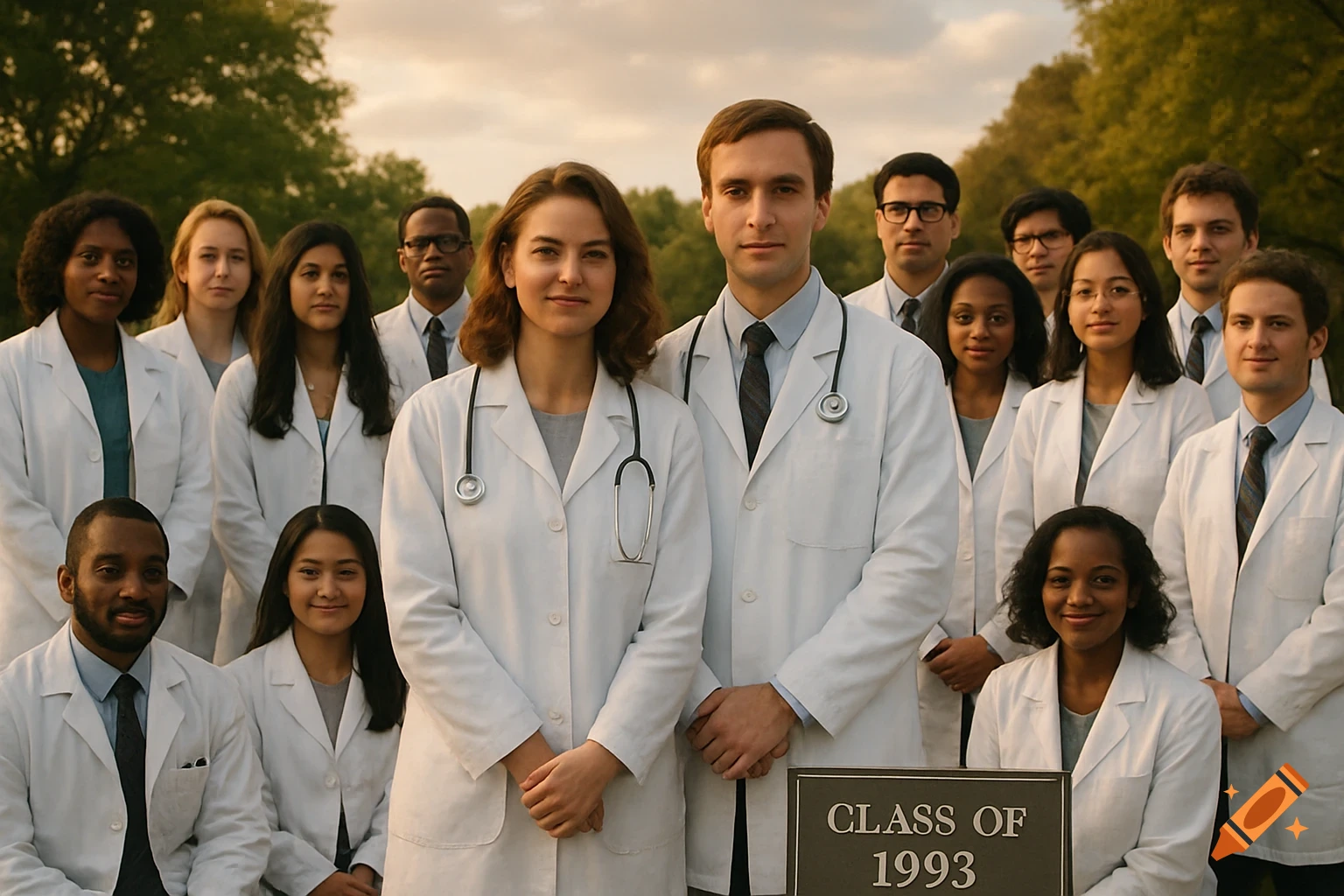 Photorealistic portrait of diverse medical students in white coats posing outdoors, with a 'CLASS OF 1993' sign.