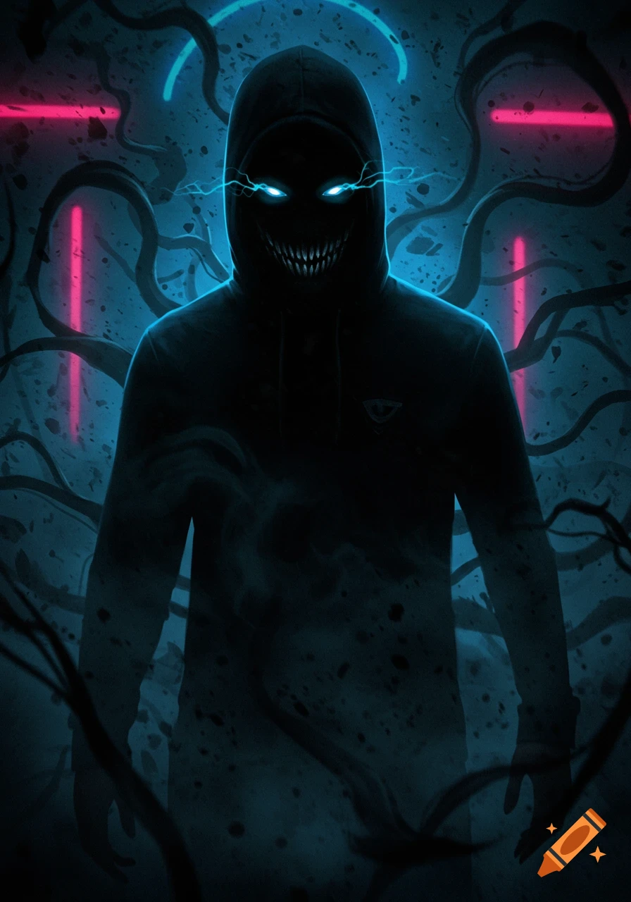 Dark hooded figure with glowing blue eyes and a monstrous grin, surrounded by neon lights and tendrils in a digital art style.