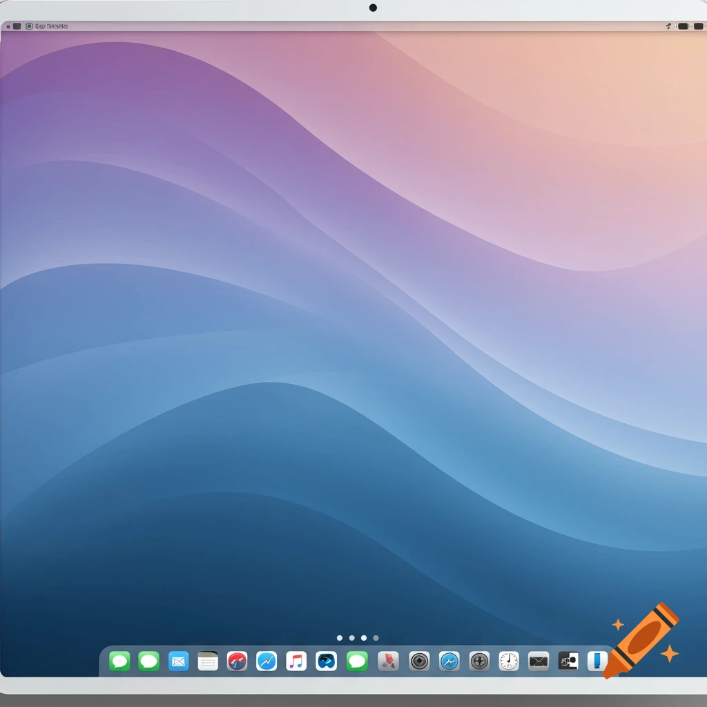 A computer screen displaying a macOS-like interface with a wavy purple, pink, and blue gradient wallpaper, and a dock of colorful app icons.