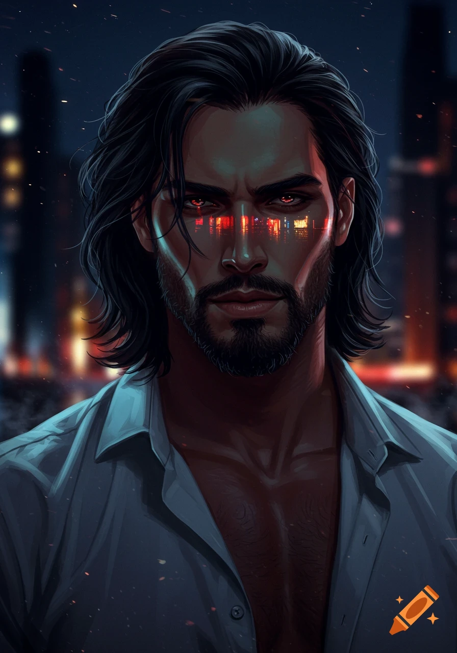 A man with long dark hair and a beard looks intensely forward, illuminated by red and yellow city light reflections on his face. He wears an open white shirt against a dark, blurry city background at night in a digital art style.