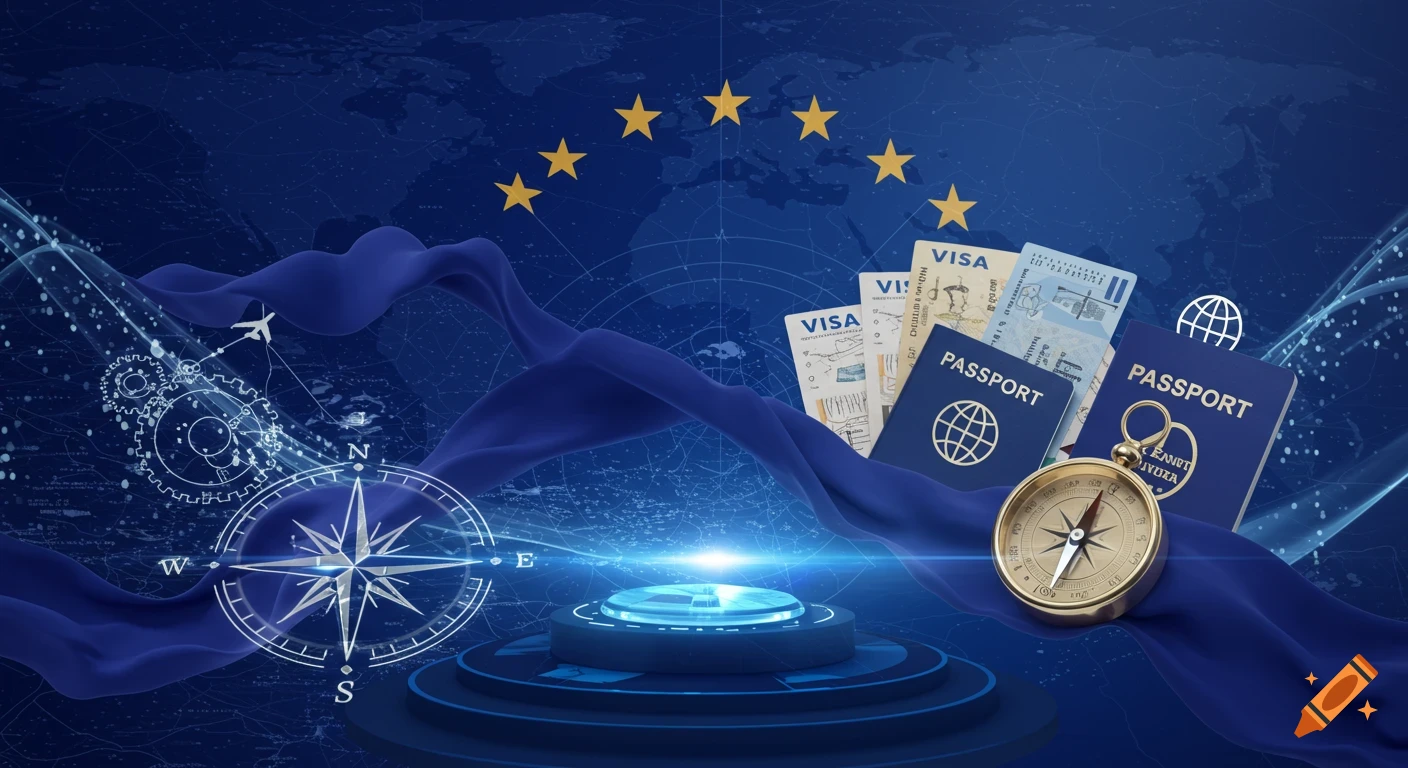 An abstract background showing EU stars, passports, visas, a compass, and a world map on a blue-themed digital backdrop, symbolizing European immigration.