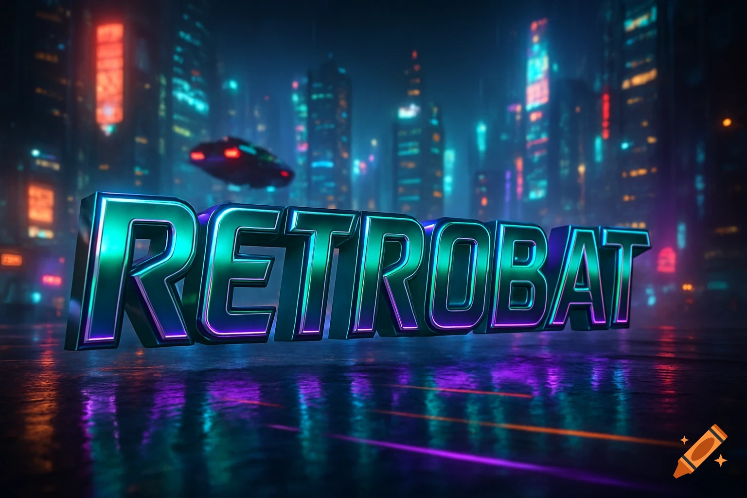 3D neon 'RETROBAT' text glowing against a futuristic cyberpunk city background with reflections.