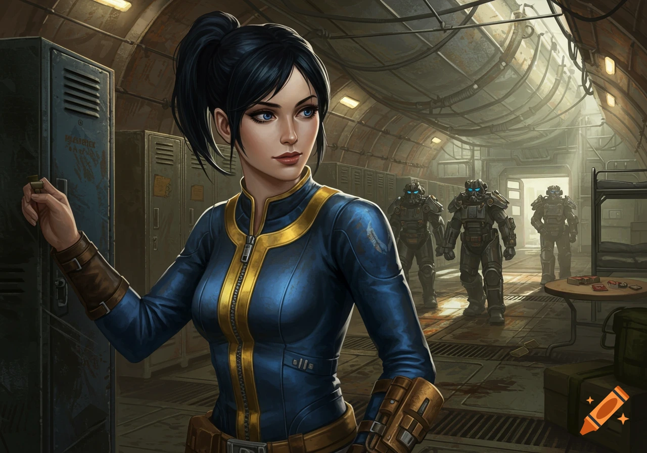 A dark-haired woman in a blue and gold vault suit stands in a rusty, industrial corridor, reaching for a locker. Three power-armored figures are in the background.