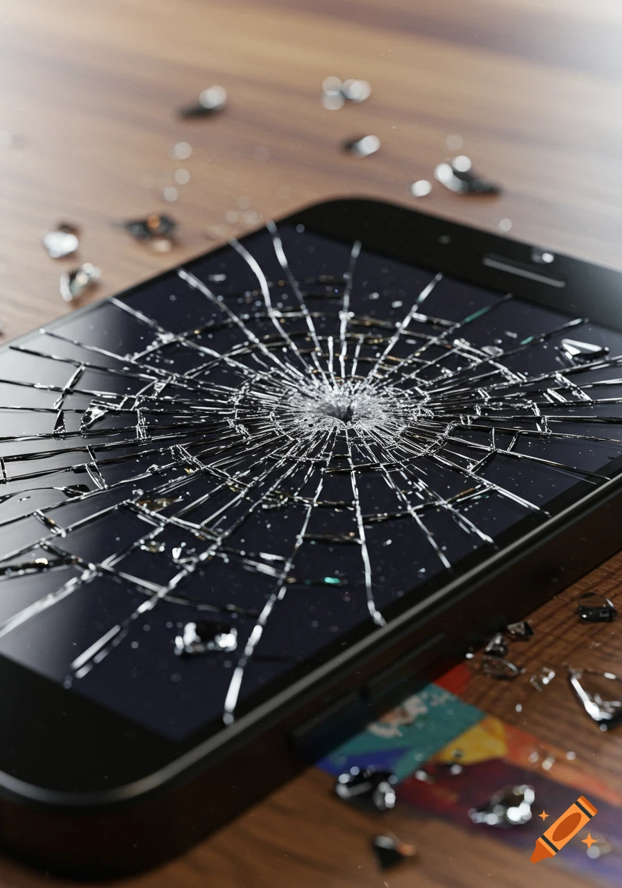 Photorealistic close-up of a shattered smartphone screen on a wooden table.