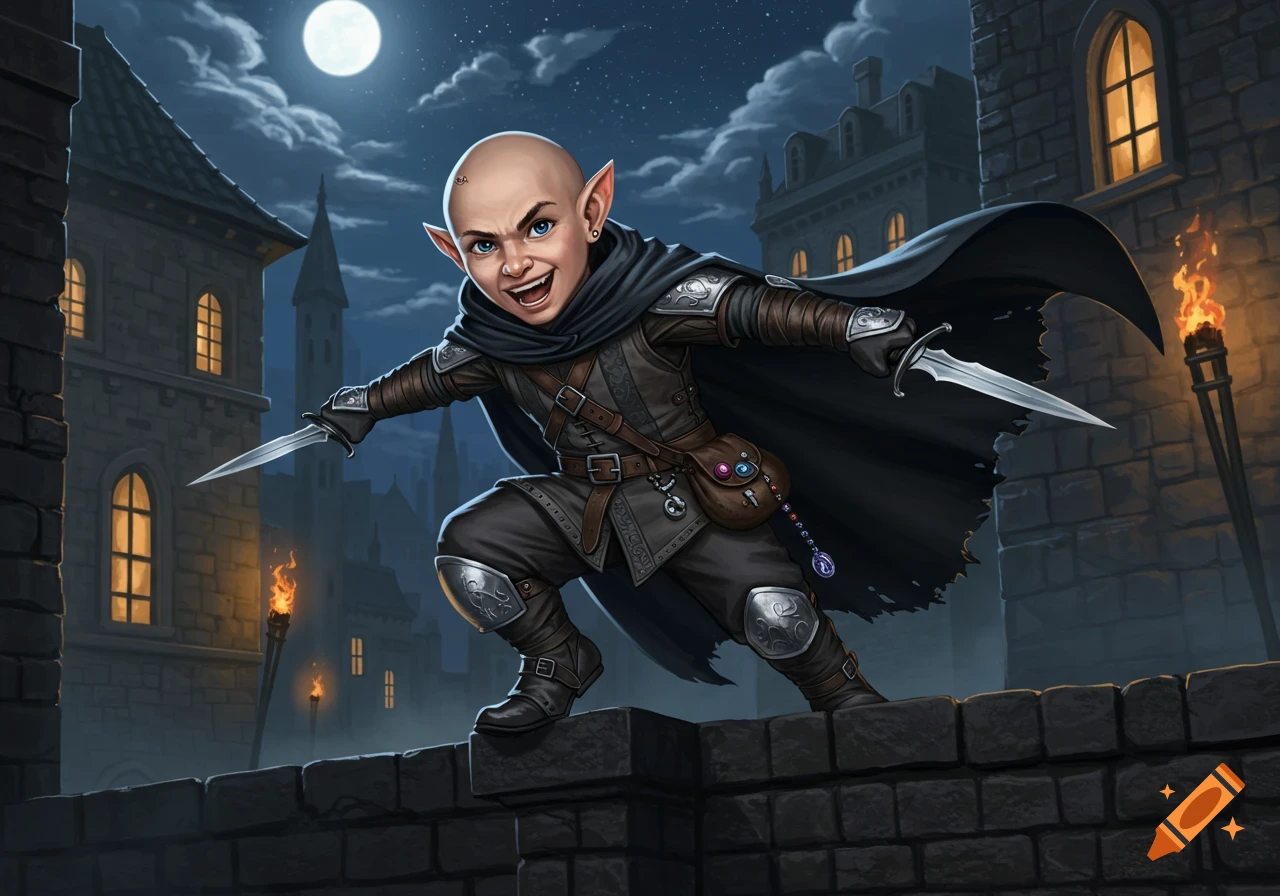 A balding, large-eared fantasy rogue in dark armor crouches on a city rooftop at night, holding daggers and grinning.