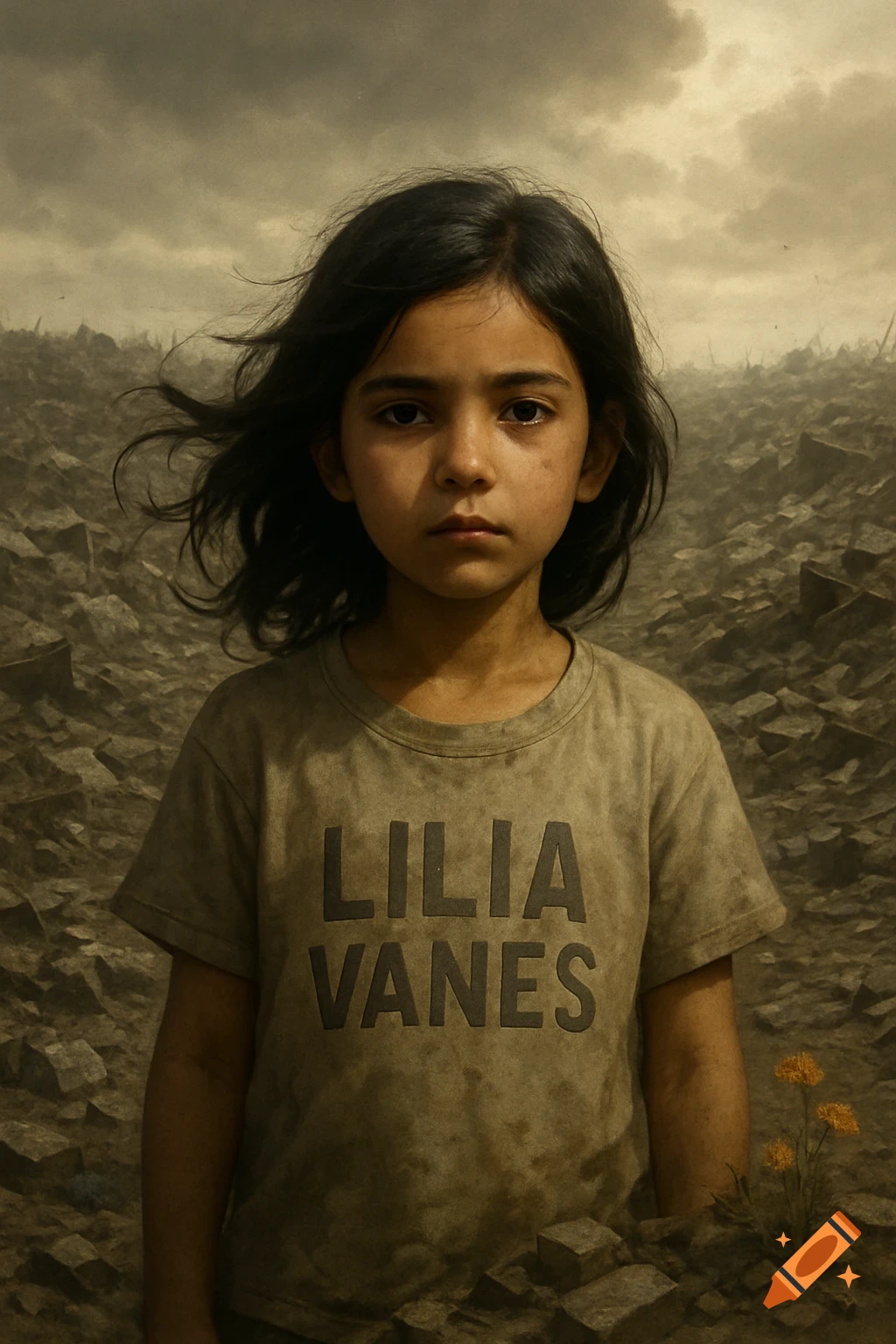 Photorealistic portrait of a serious young girl with dark hair, wearing a t-shirt with 'LILIA VANES', standing in a desolate, rocky landscape.
