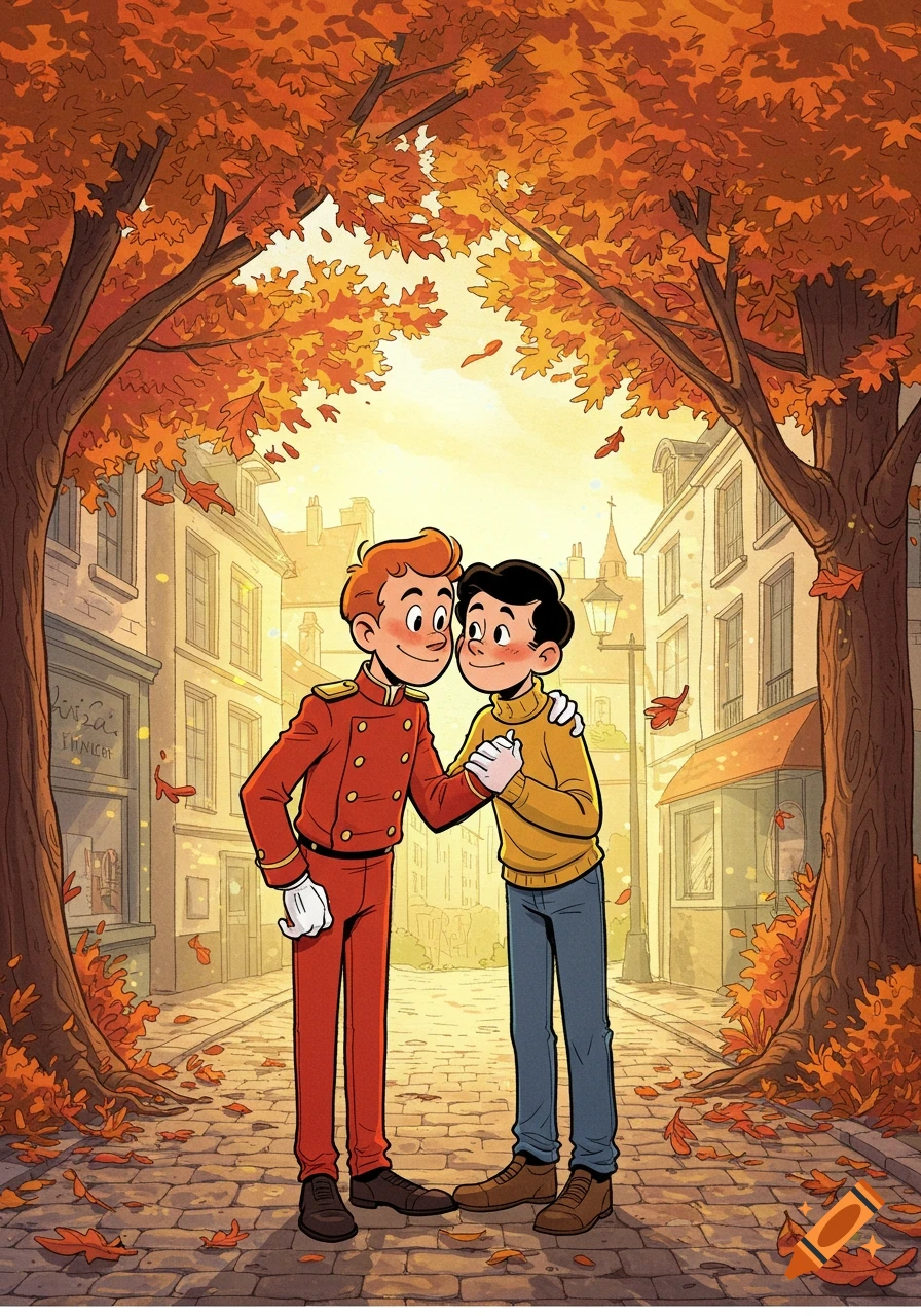 Two cartoon men, one in a red uniform and one in a yellow sweater, hold hands and smile at each other on an autumn city street.