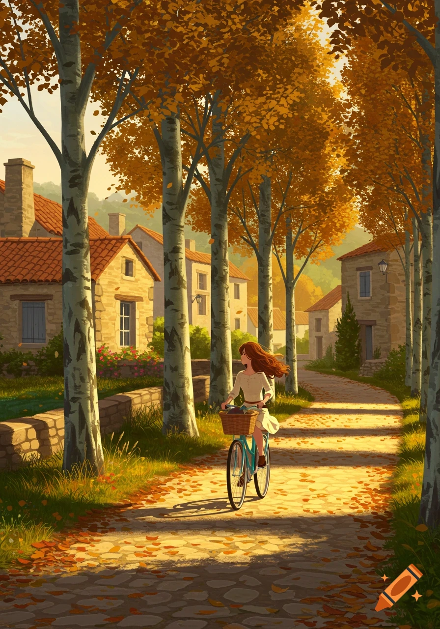 Illustrated scene of a woman riding a bicycle on a leaf-strewn path in an autumn village.