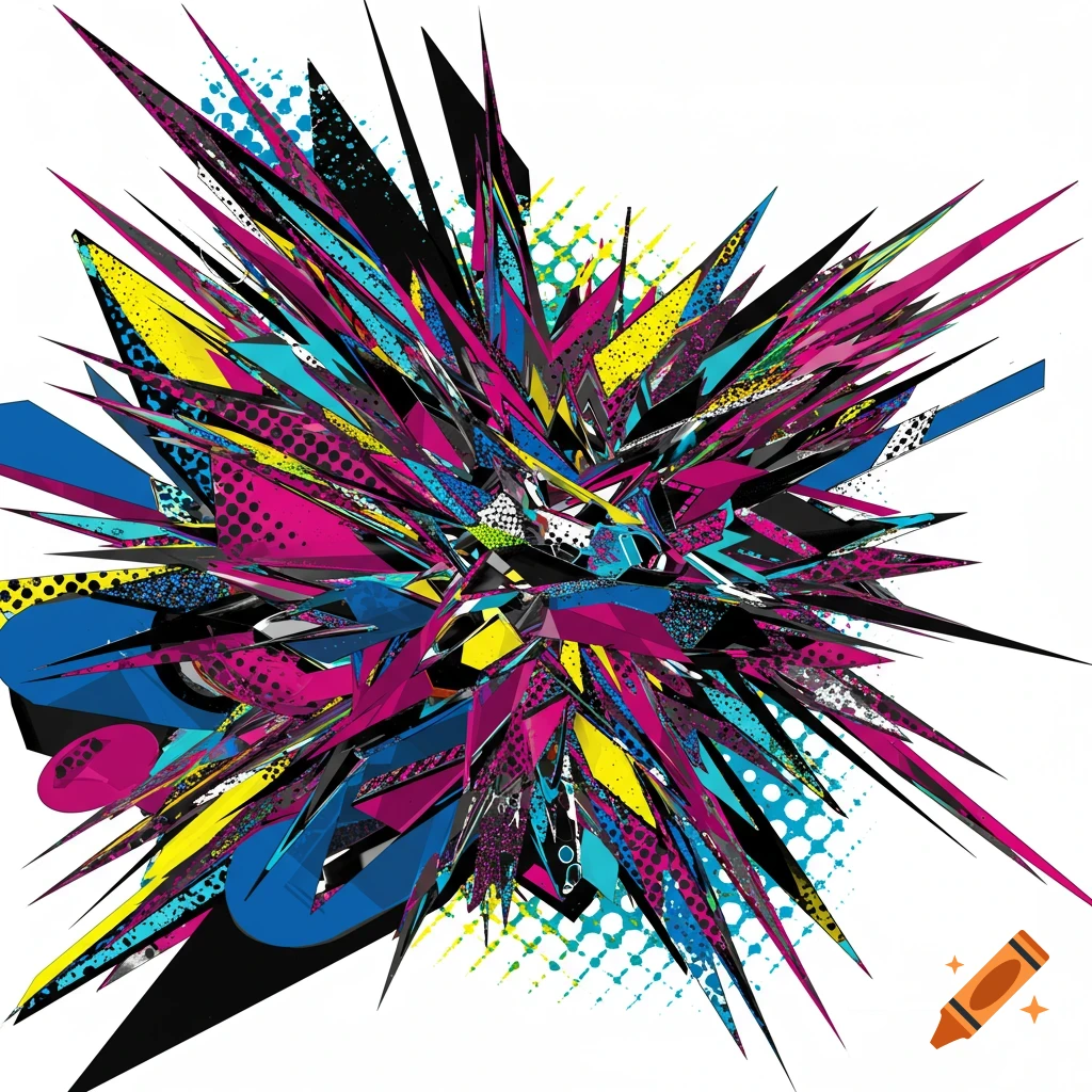 A vibrant pop art abstract burst with sharp geometric shapes in pink, blue, yellow, and black against a white background, featuring halftone patterns.
