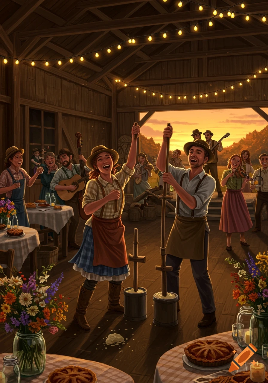 Vibrant illustration of a lively barn party at sunset, with people churning butter, playing music, and enjoying pies.