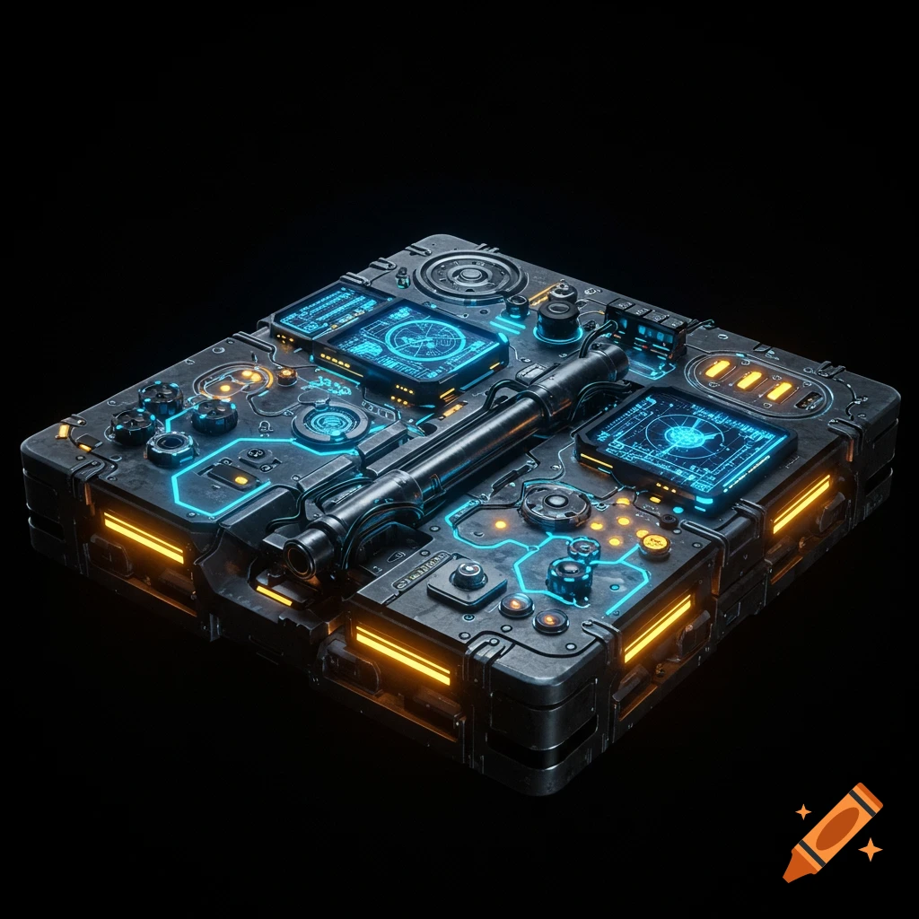 Detailed sci-fi mechanical panel with blue and orange glowing lights and small screens on a dark background.