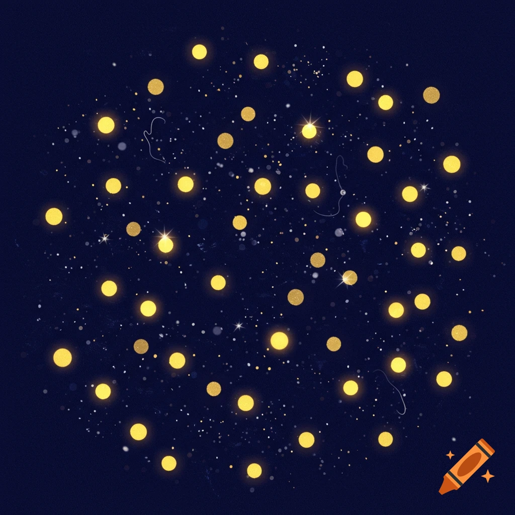 Bright yellow circular lights with glitter texture scattered on a dark blue background with white specks.