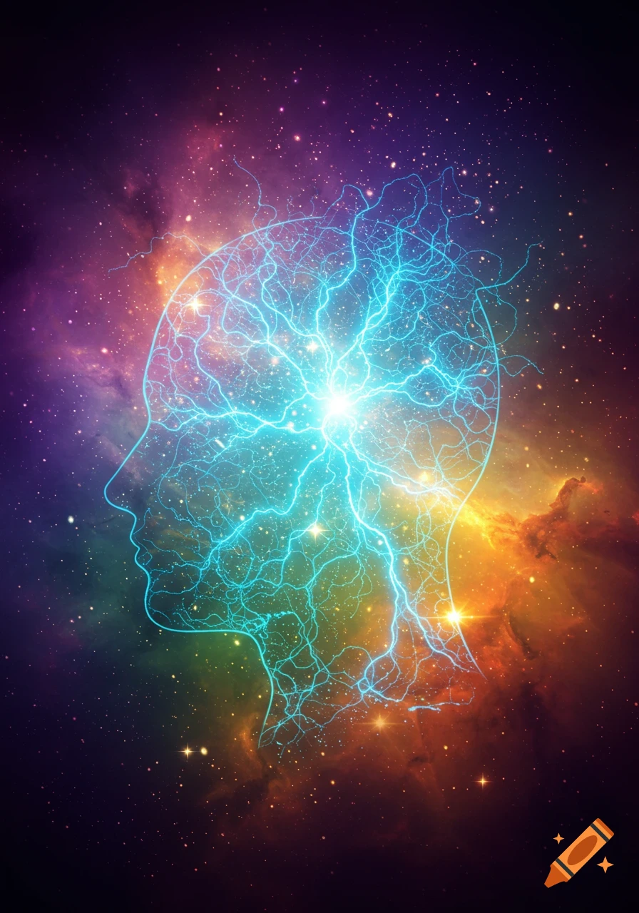 Stylized profile of a human head filled with bright blue electrical energy against a vibrant cosmic nebula background.
