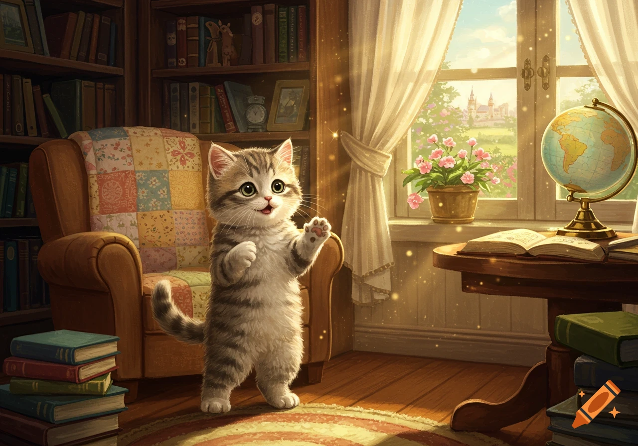 A charming illustration of a cute tabby kitten standing on two legs in a cozy, sunlit room with bookshelves, a globe, and an armchair.