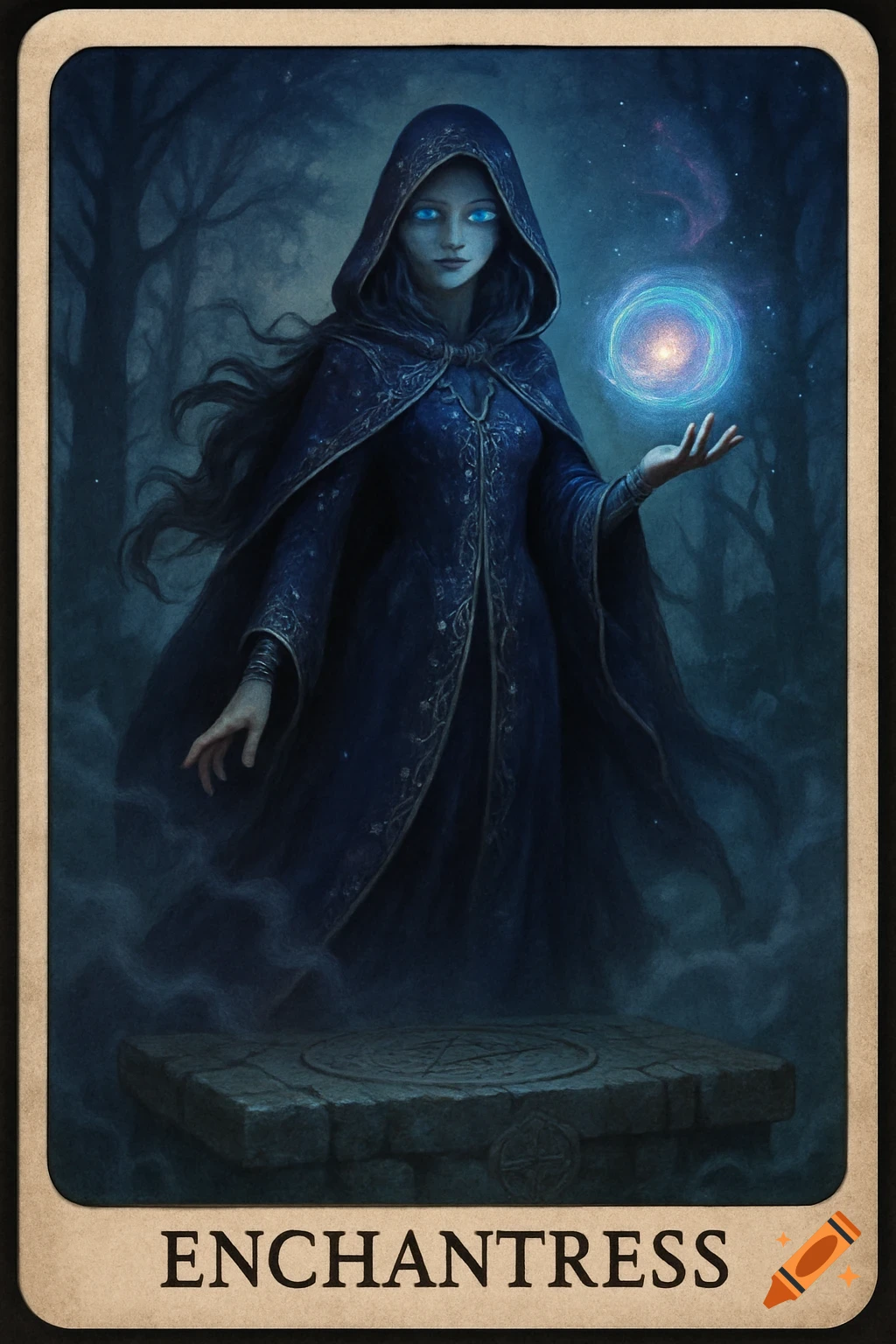 A hooded enchantress with glowing blue eyes holds a magical blue orb in a dark, misty forest. The word ENCHANTRESS is below.
