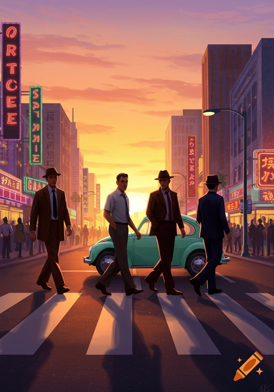 Four men in suits and hats walk across a zebra crossing in a retro cityscape at sunset, with a teal Volkswagen Beetle and neon signs.
