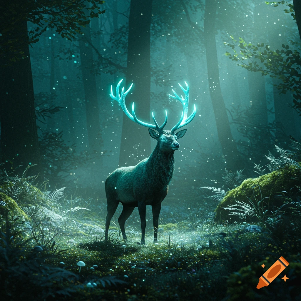 A majestic stag with luminous blue antlers stands in a mystical, dark forest lit by ethereal light and glowing particles.
