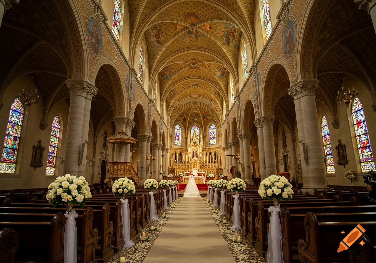 Elegant wedding inside a grand cathedral with ornate gold ceilings, stained glass, and white rose arrangements along the aisle.