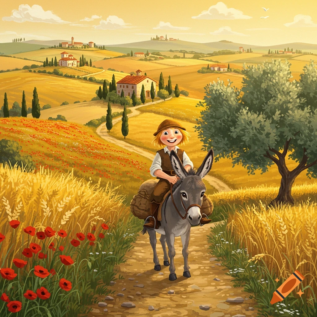 An idyllic illustration of a smiling boy on a donkey riding through golden fields with red poppies, cypress trees, and Tuscan farmhouses.