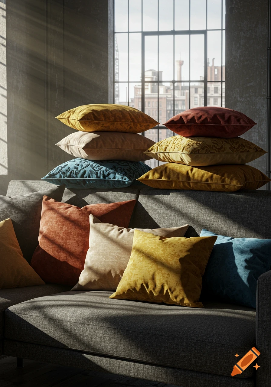 A collection of colorful, textured pillows arranged on a gray sofa in a sunlit room with a large window.