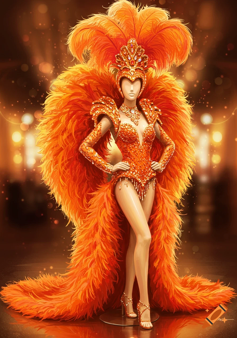 Illustrated Las Vegas showgirl outfit, orange and sparkly with large feathers, on a faceless mannequin.