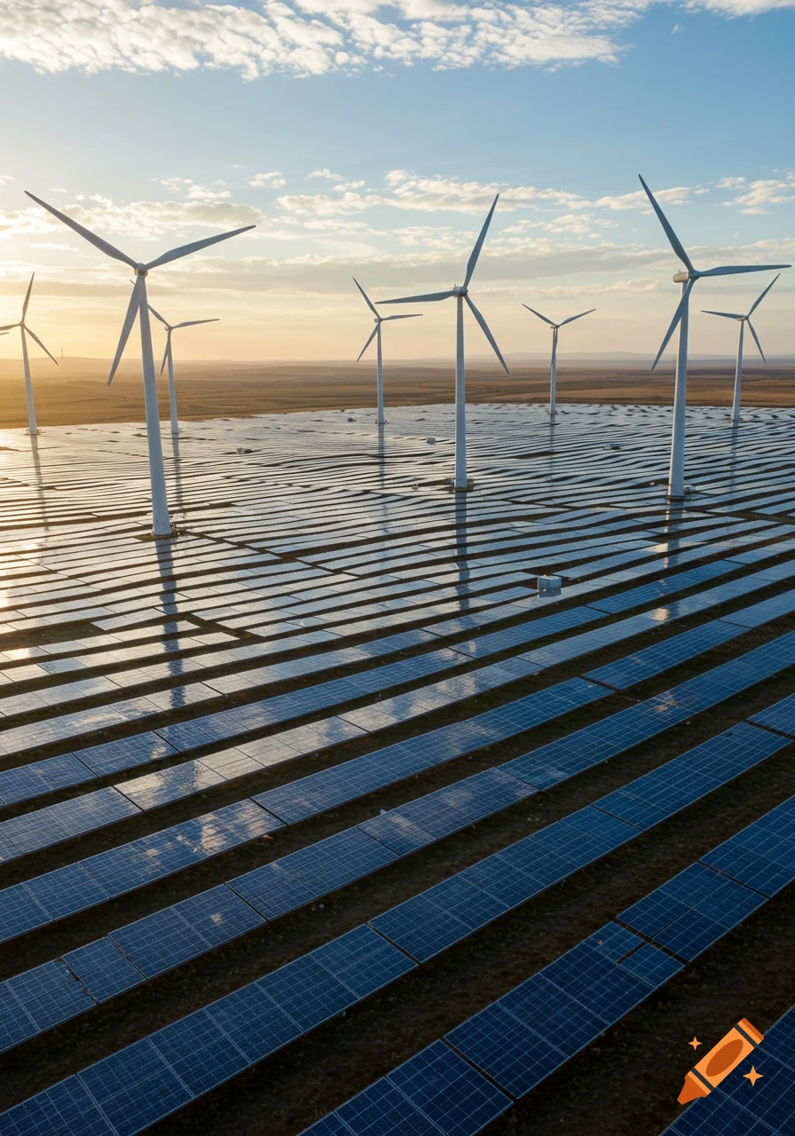 Aerial view of a vast solar farm with rows of blue solar panels and several tall white wind turbines under a partly cloudy sky with a sunset glow.