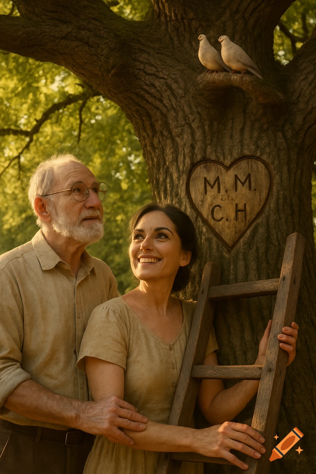 Photorealistic image of an older couple holding a ladder against a tree with carved initials and two doves, looking upwards.