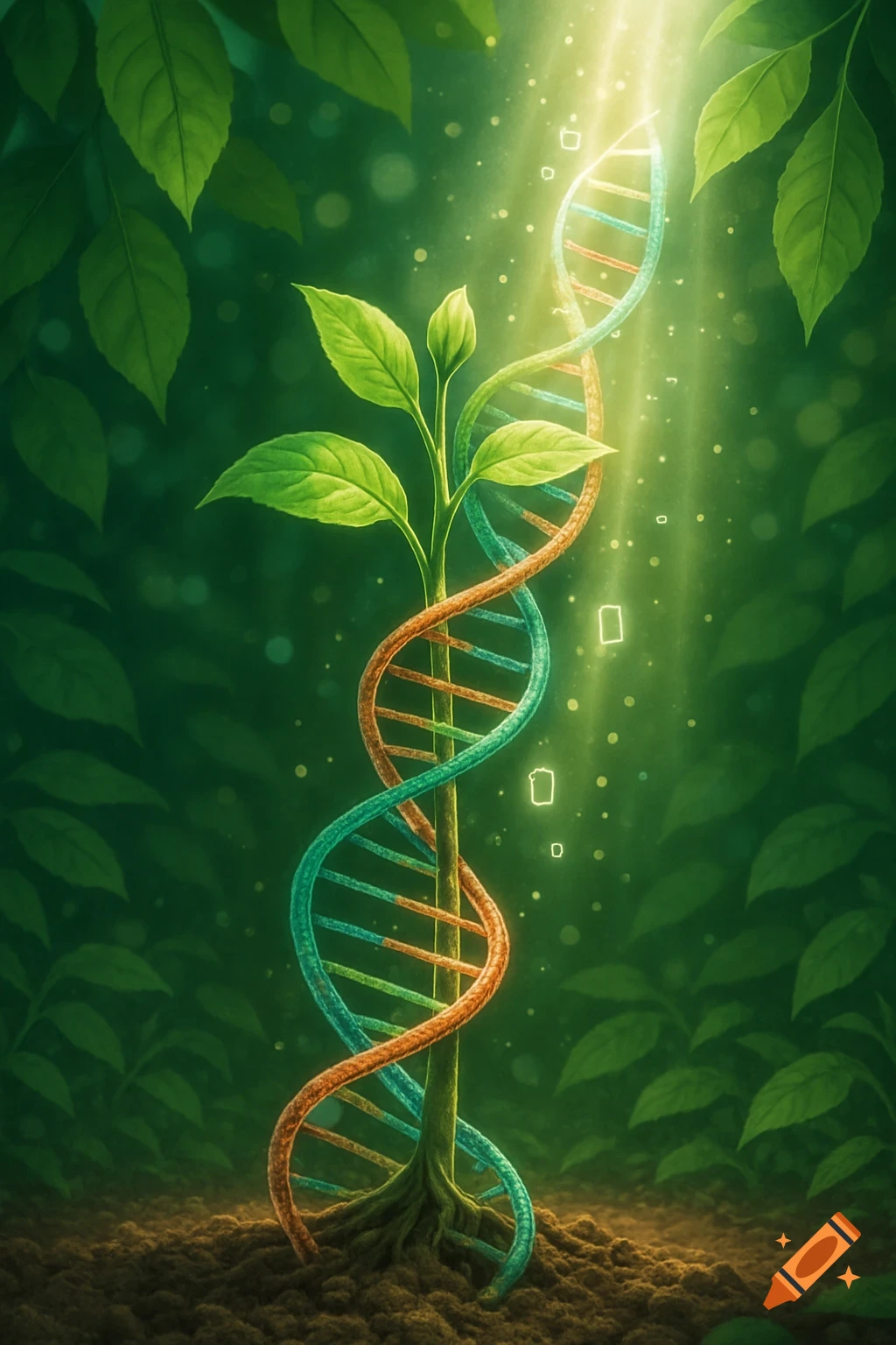 A vibrant plant with a glowing DNA helix as its stem, growing in lush soil under a beam of light in a green forest.