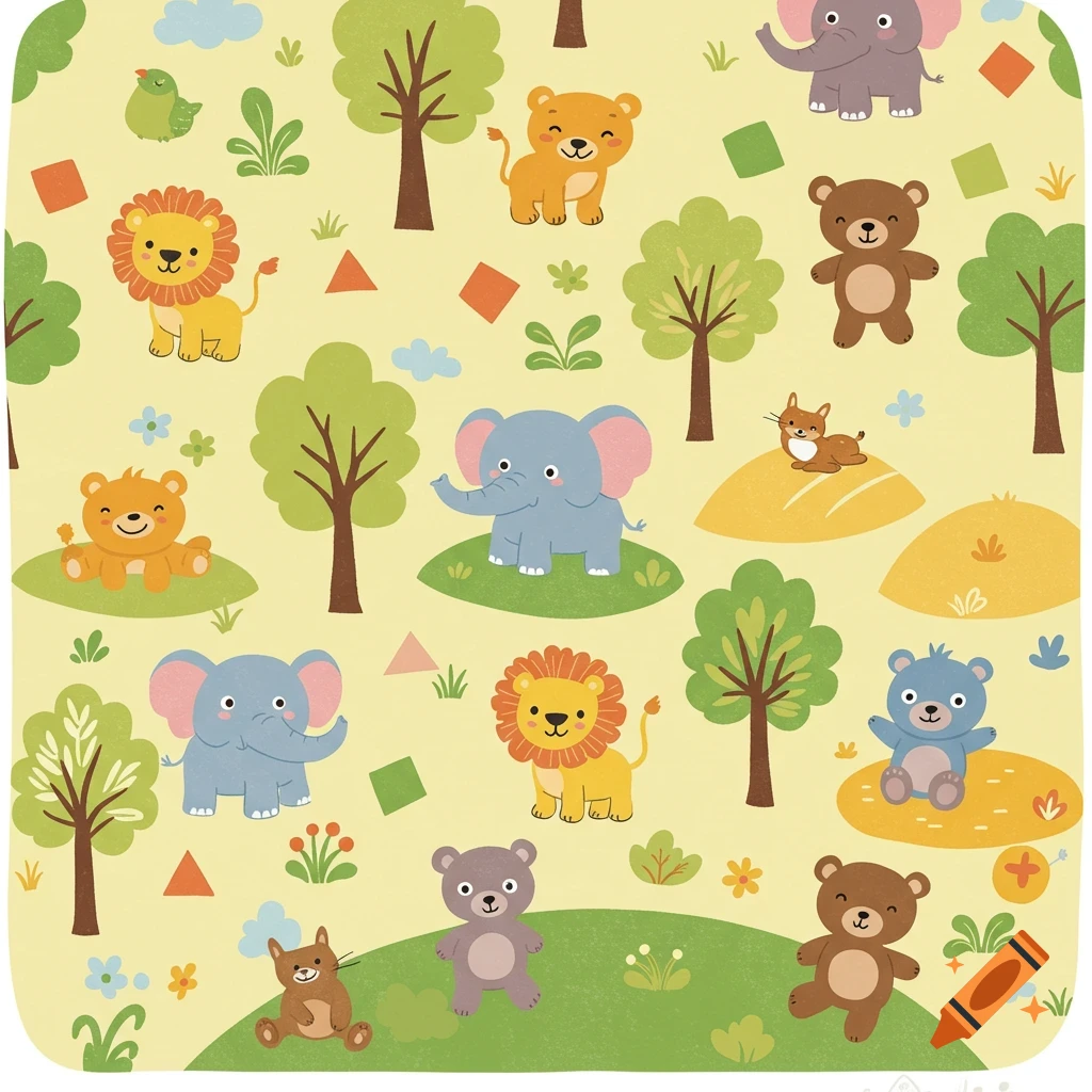 Seamless pattern of cute cartoon safari animals including lions, elephants, and bears with trees on a yellow background.