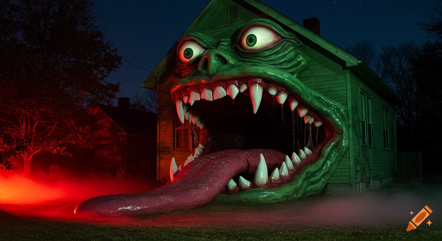 A terrifying green monster house with glowing eyes, huge fangs, and a long dripping tongue extends onto a foggy, red-lit lawn at night.