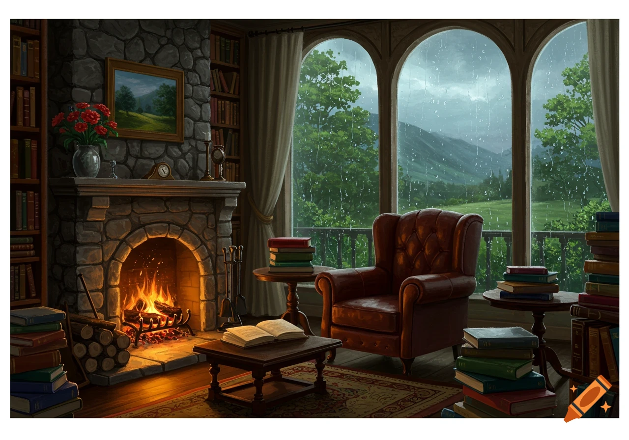 A cozy room with a stone fireplace, leather armchair, bookshelves, and large arched windows showing a rainy mountain landscape.