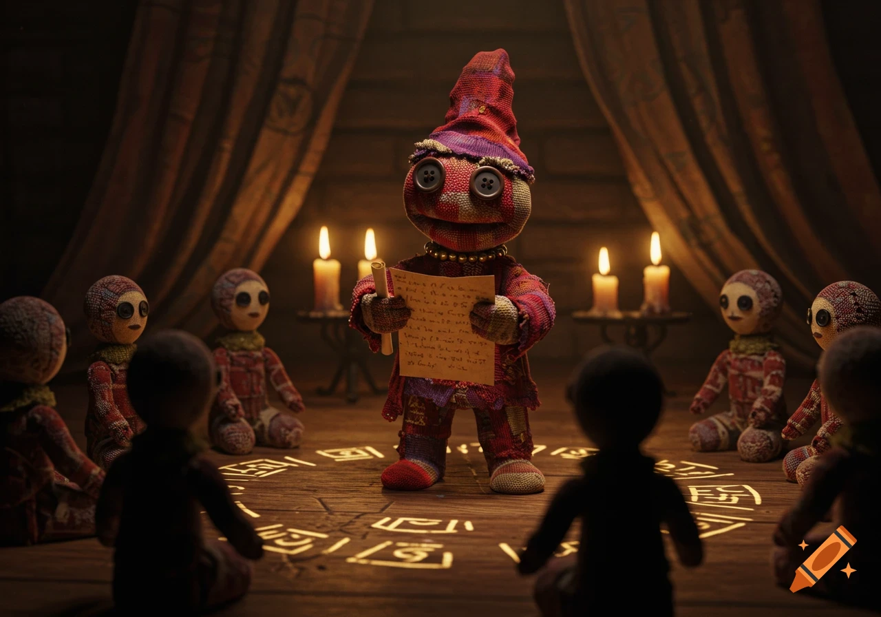 A group of fabric sock puppets, including a leader with a tall hat and button eyes, conduct a candlelit ritual on a wooden floor with glowing symbols.