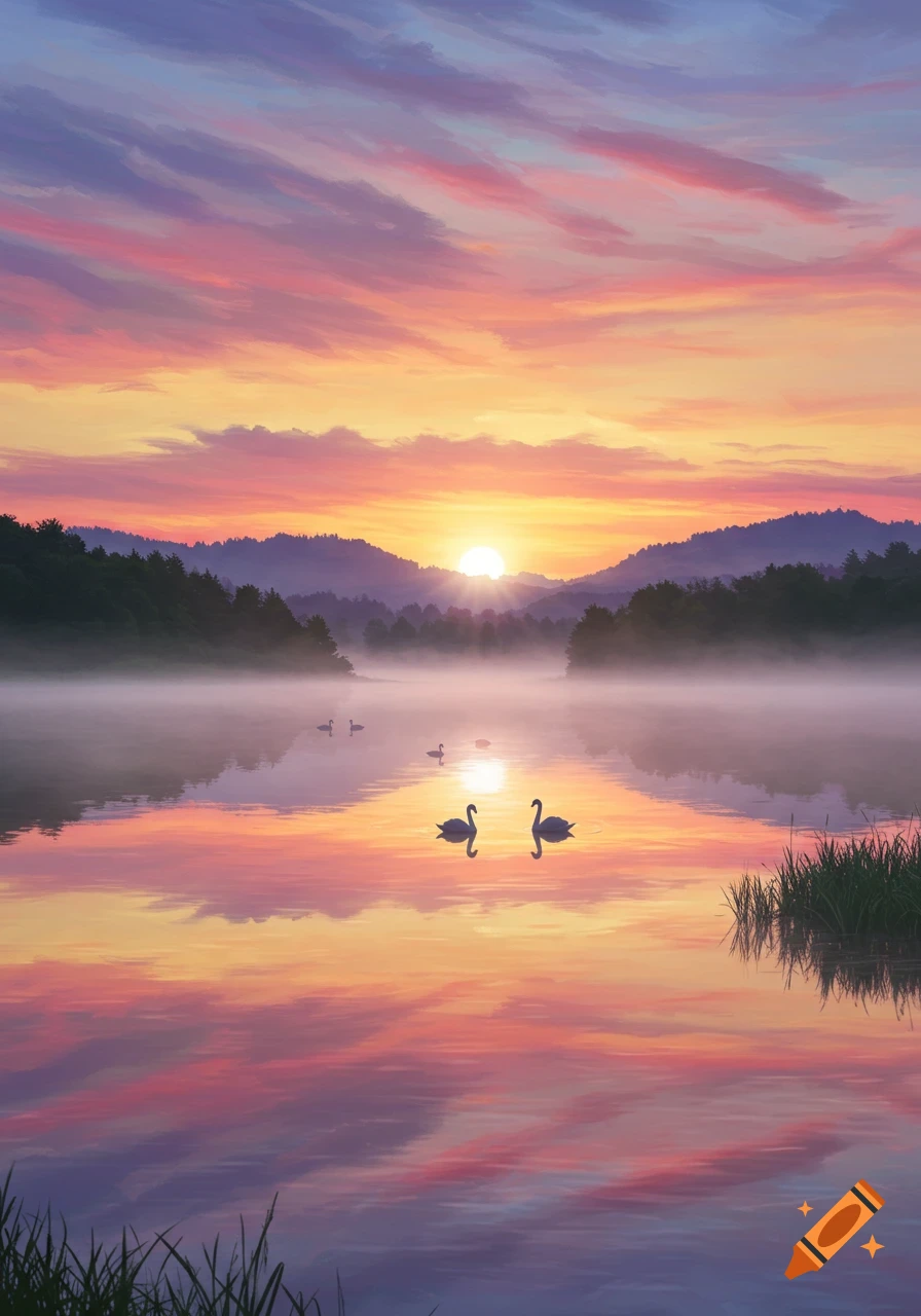 Vibrant sunrise over a misty lake with two swans reflecting on the water, surrounded by mountains and trees.