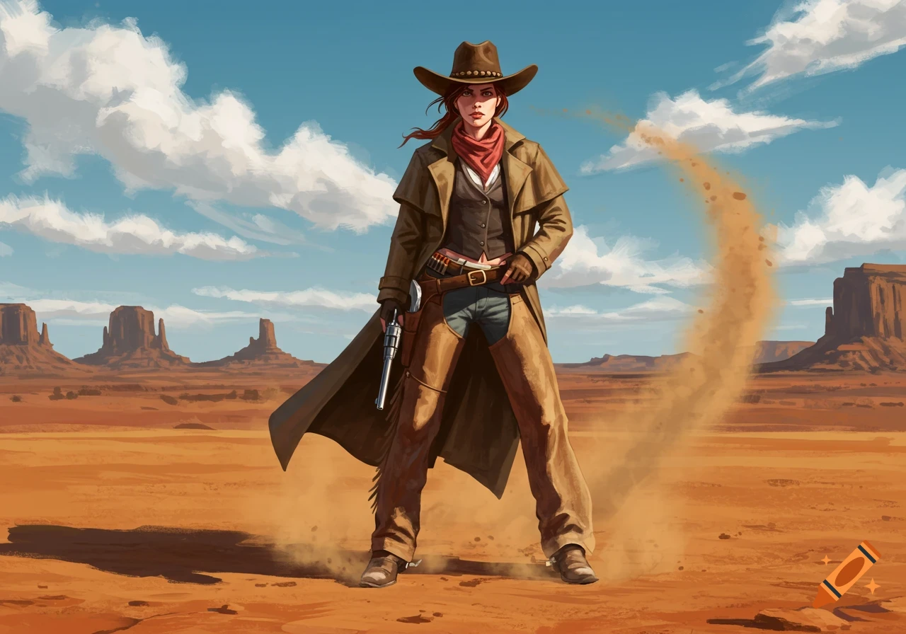 A cowgirl in a brown duster coat and hat holds a revolver in a vast, dusty Western desert landscape under a blue sky.