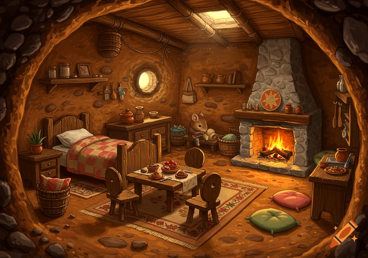 Cozy, whimsical underground animal home with a mouse, lit fireplace, bed, and dining table in an illustrative style.