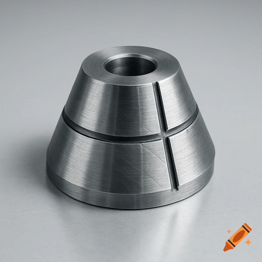 A close-up, photorealistic shot of a metallic, truncated conical piece with a bore through its axis and two perpendicular grooves.