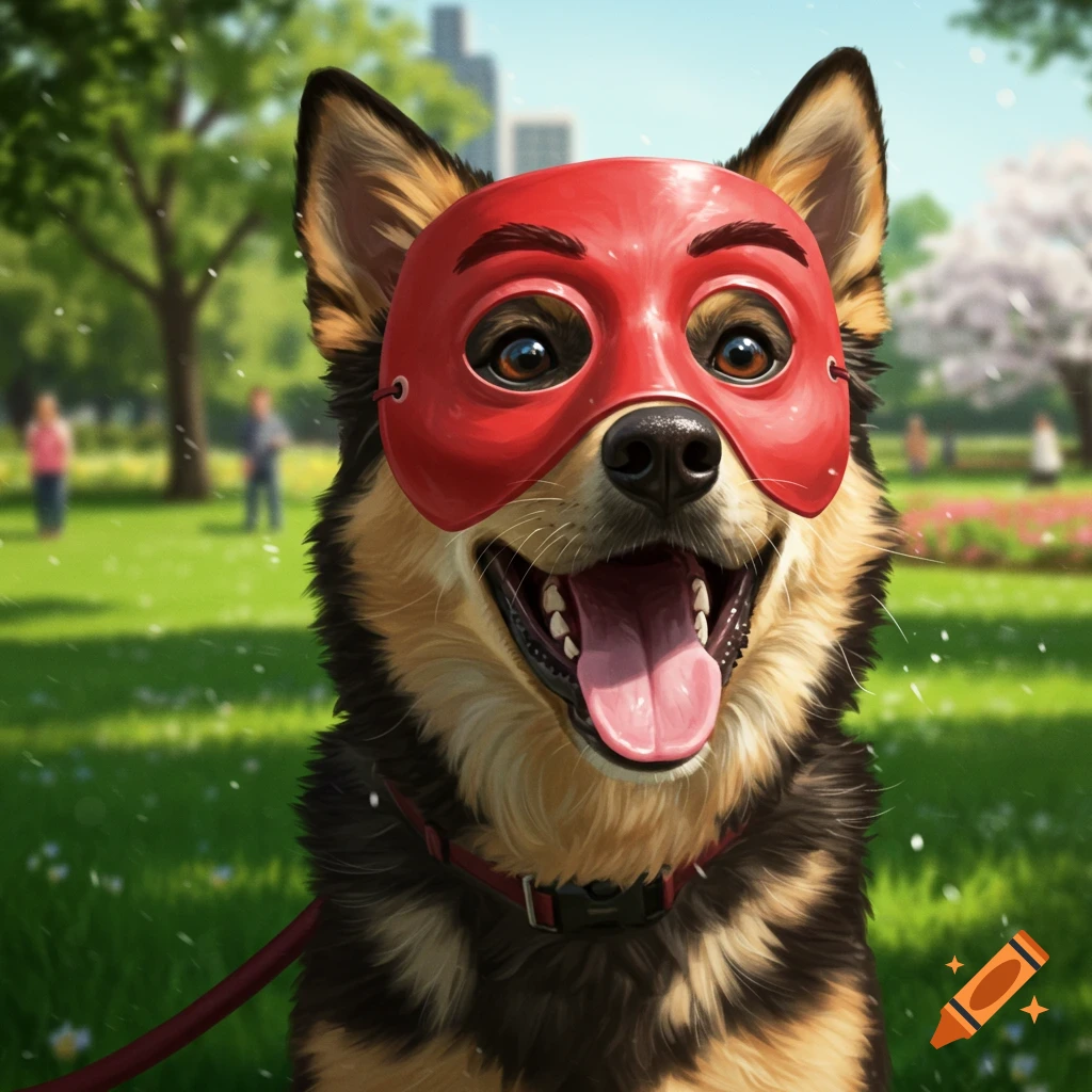 A smiling brown and black dog wearing a red superhero mask with its tongue out in a sunny park.