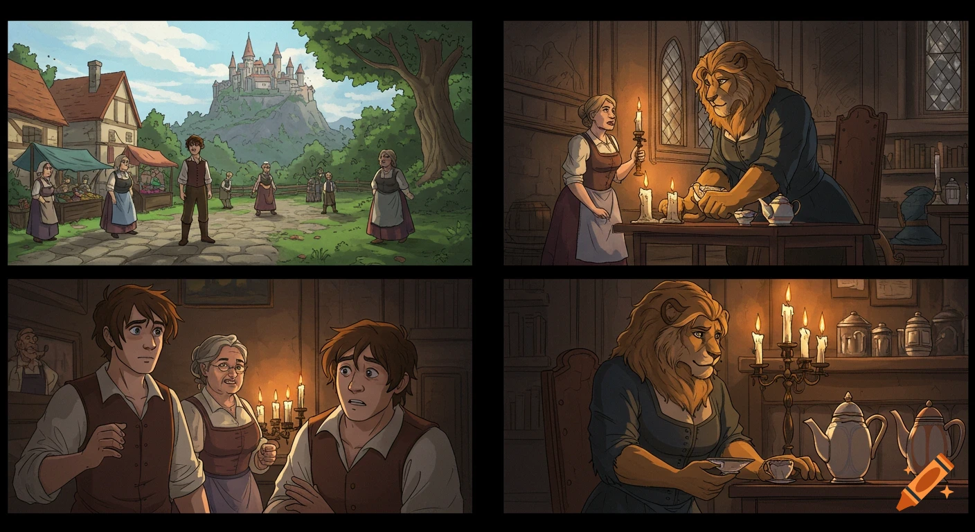 Four-panel animation style illustration of a young man in a village and a beast woman in a castle with candles and teapots.