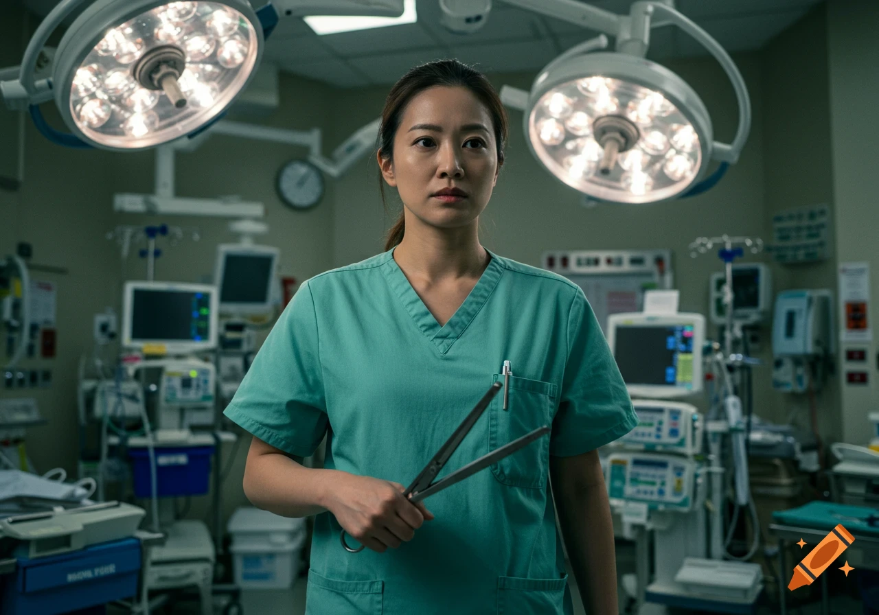 A serious-looking nurse in teal scrubs holds trauma shears in an operating room with bright lights and medical equipment.