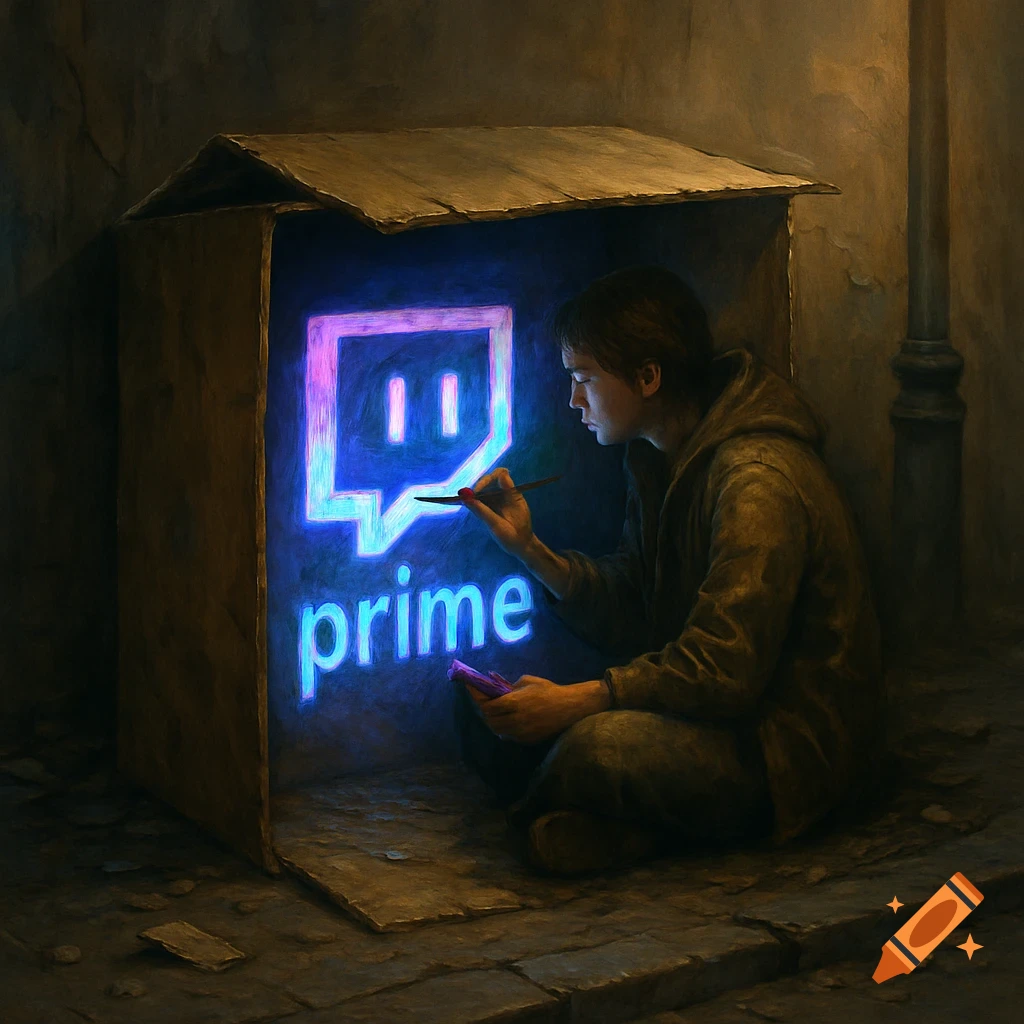 A young person in a dark, gritty alley sits in a cardboard box, painting a glowing blue Twitch Prime logo.