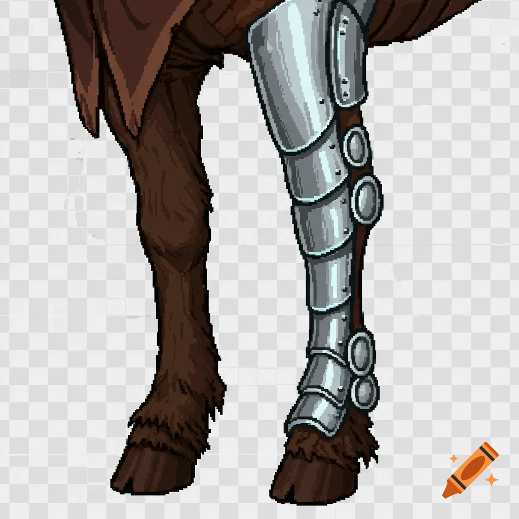 Pixel art of a horse's brown furry front leg with light gray metal shin guards on a transparent background.