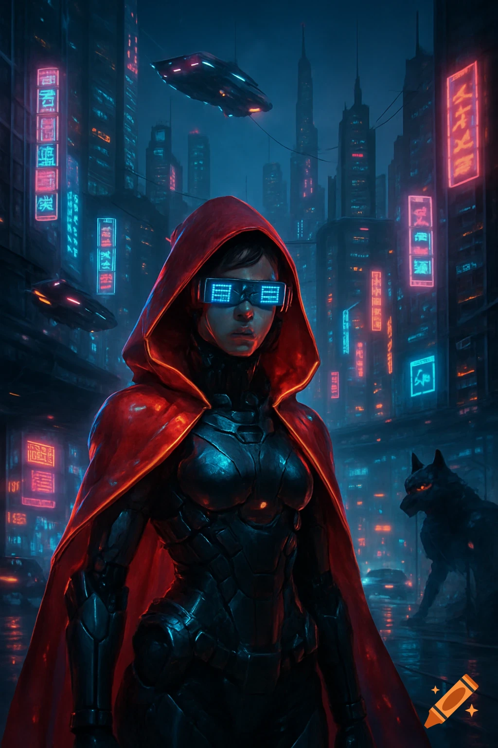 A person in a red hood and futuristic armor stands in a neon-lit cyberpunk city at night, with a wolf nearby.