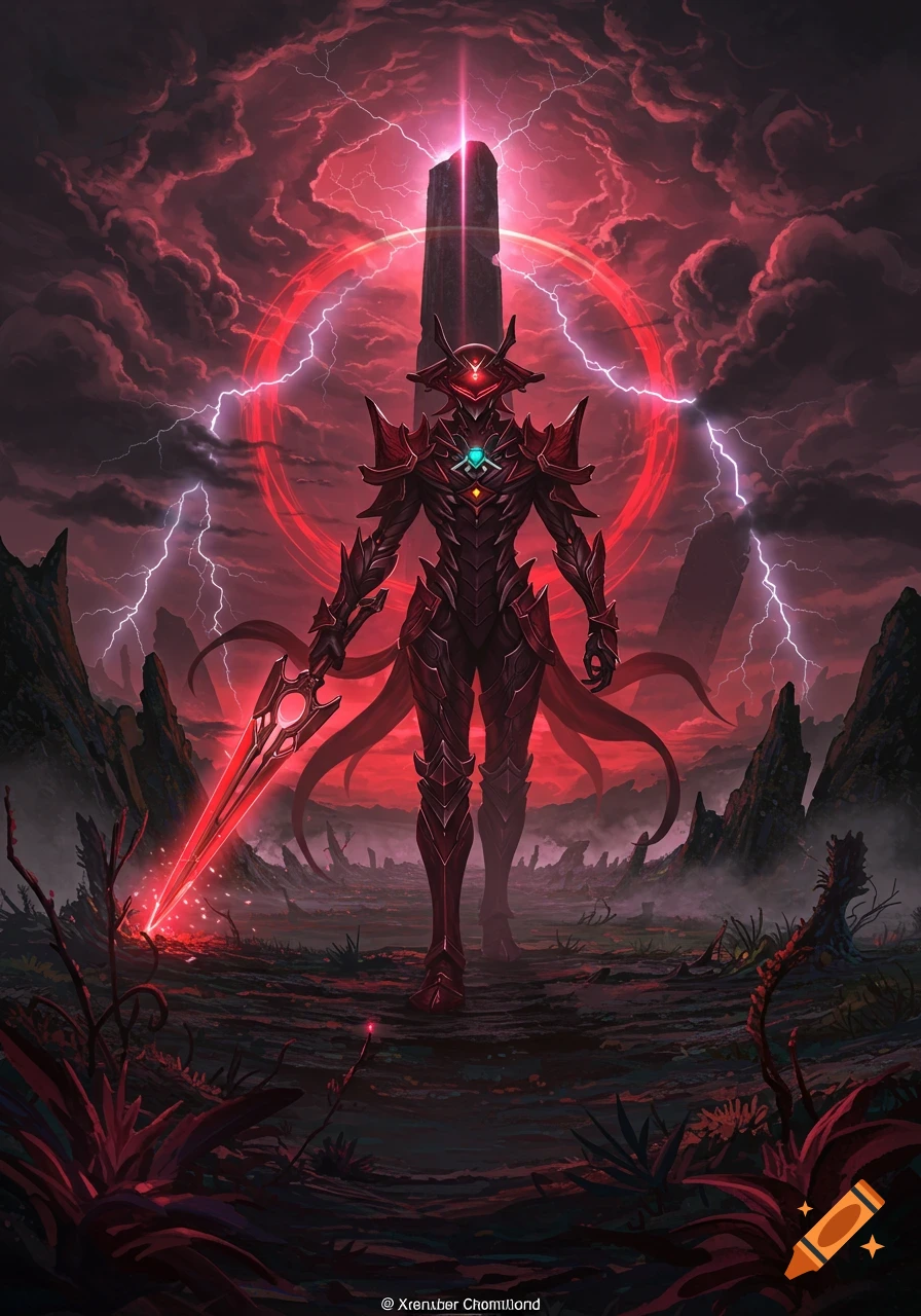 A dark fantasy armored warrior with a glowing red sword stands in a desolate landscape under a stormy red sky with lightning.
