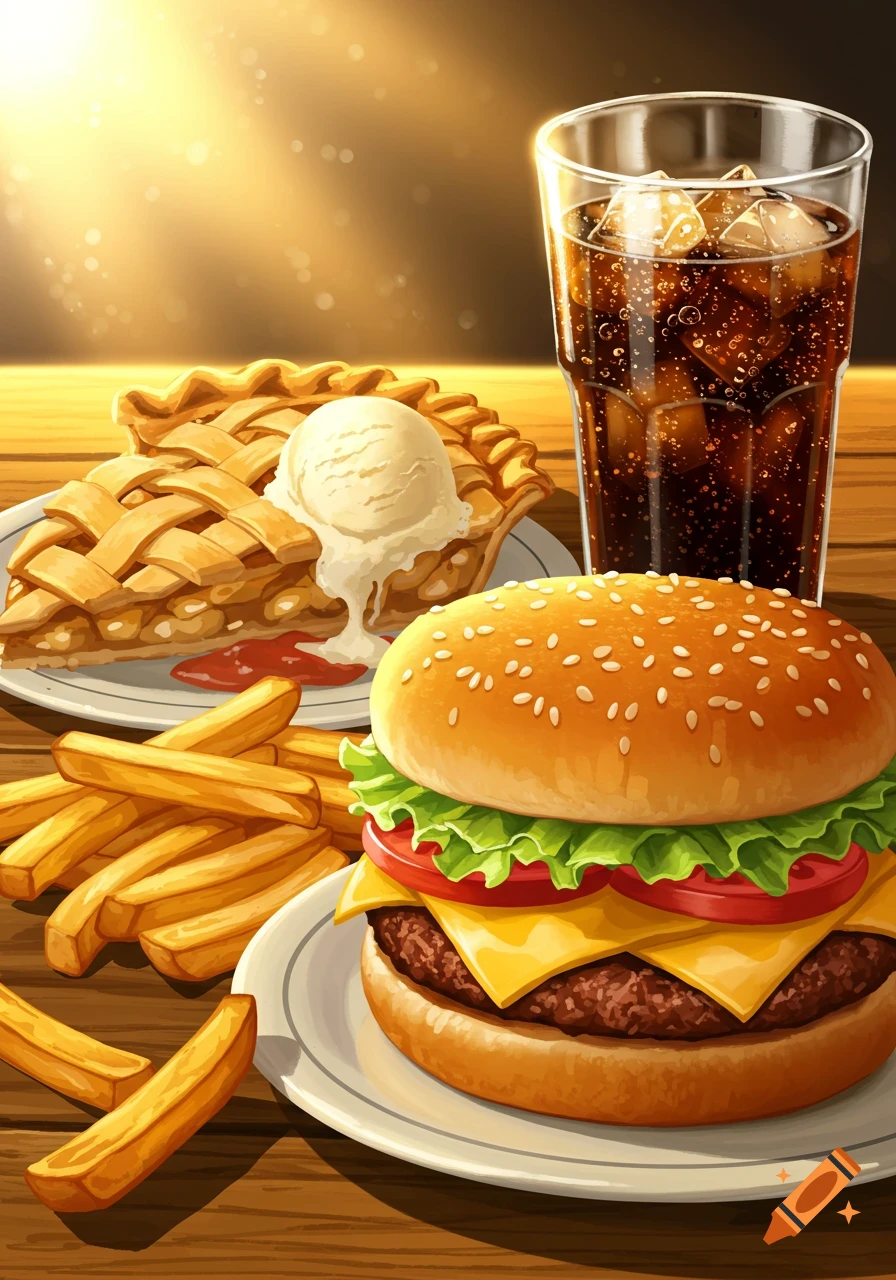 An illustrative image of a cheeseburger, french fries, apple pie with ice cream, and a glass of soda on a wooden table.