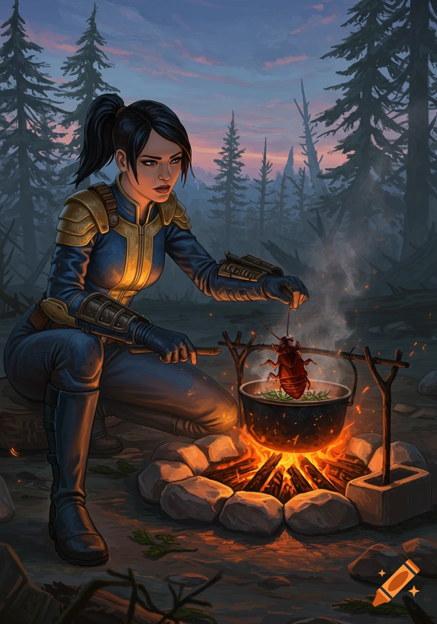 A woman in a Fallout-style vault suit cooks a giant roach over a campfire in a dark forest, digital art.