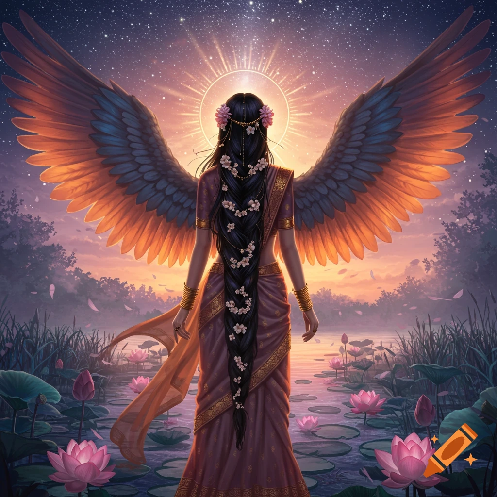 Indian woman with large wings standing in a lotus pond at sunset.