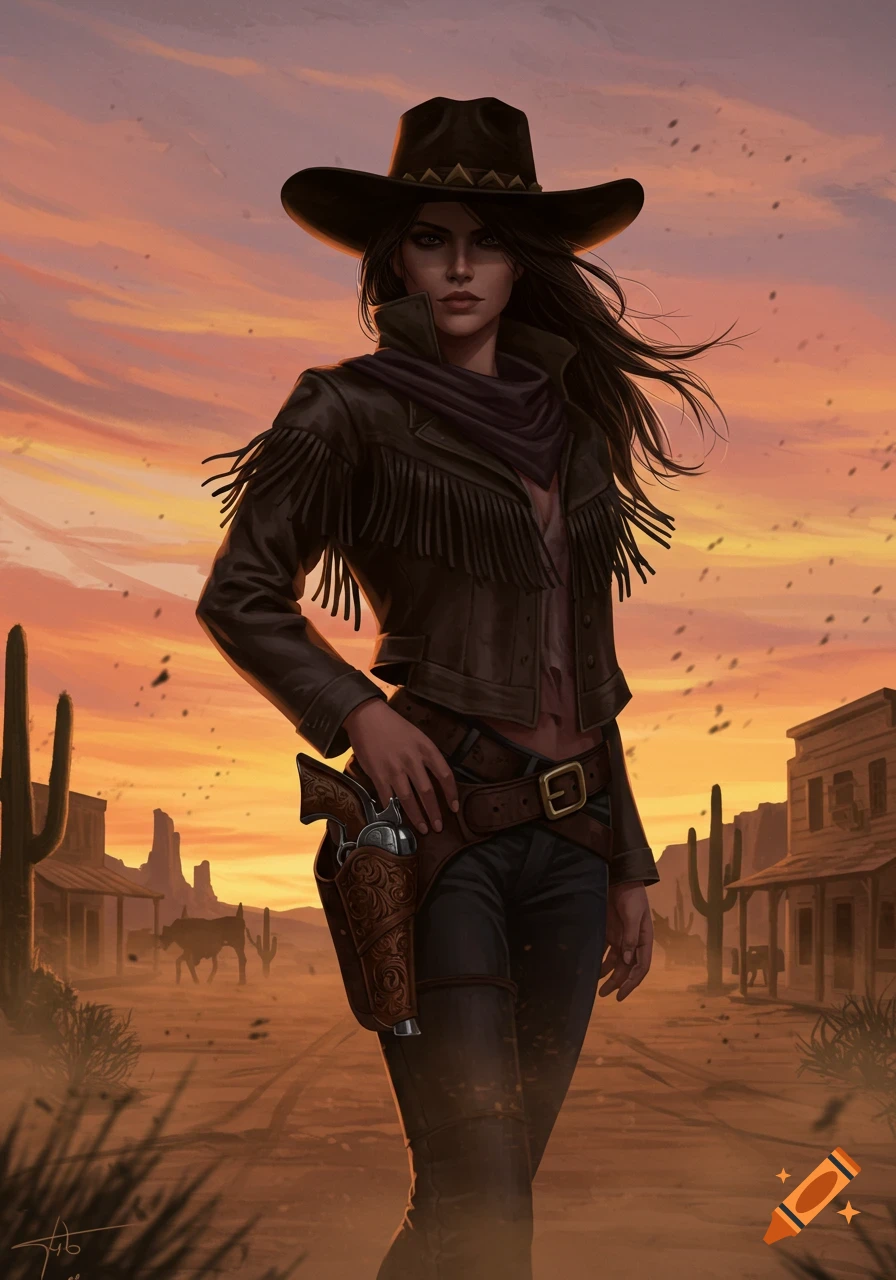 Digital art of a striking cowgirl with a revolver in a holster, standing in a desert town at sunset.