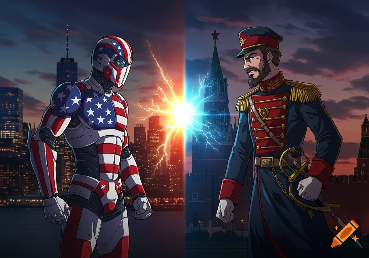 Anime-style American superhero and Russian general face off with lightning over cityscapes at dusk.