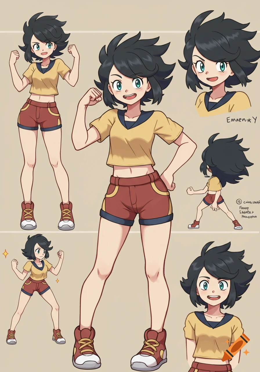 A full-body anime model sheet of Pok m_n's Emma, a young girl with short dark hair, wearing a yellow crop top and red shorts, flexing in various poses.