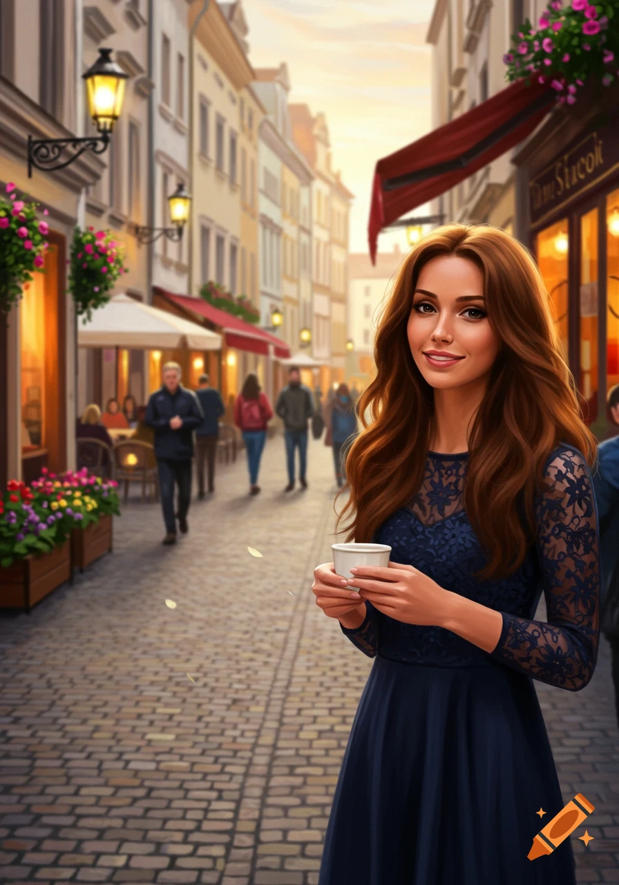 A young woman with long brown hair, holding a white cup, smiles on a bustling cobblestone city street with cafes.